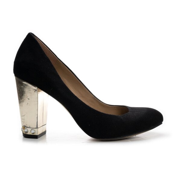 ANN TAYLOR black suede heels w/ metallic gold block heel size 8.5 - Picture 1 of 13